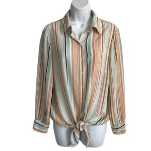 Rachel Zoe Women’s M Multi Stripe LS Button Down Front Tie Top Blouse in EUC